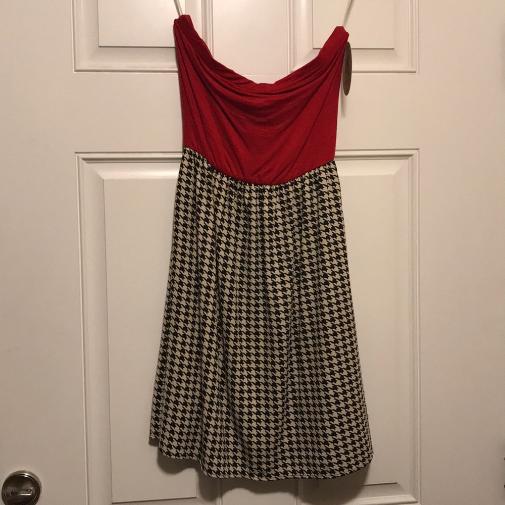 Strapless Red, Black & White Houndstooth Dress M